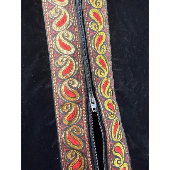 Vintage 1960s Black Velvet Maxi Dress Metallic Gold & Red Ribbon Trim Size Small - Picture 6 of 7